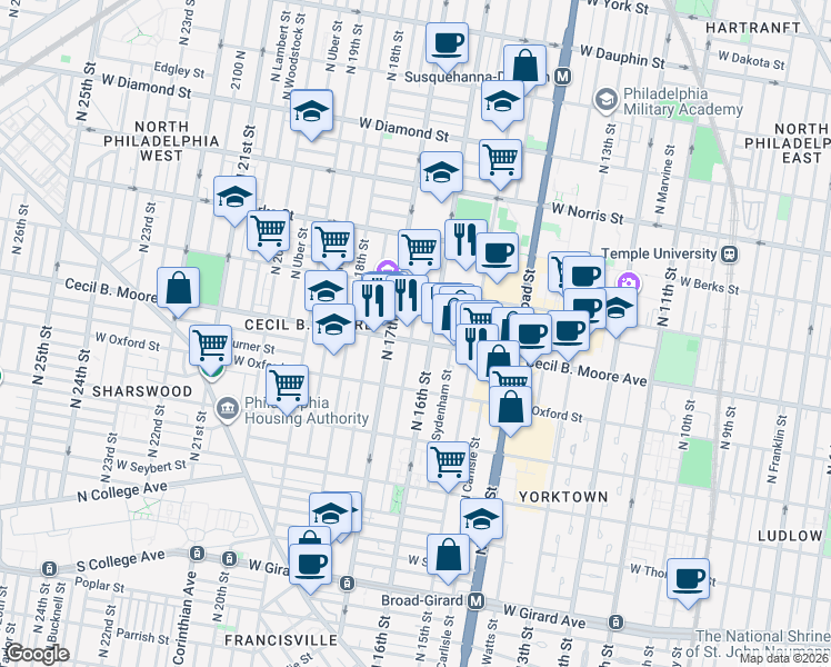 map of restaurants, bars, coffee shops, grocery stores, and more near in Philadelphia
