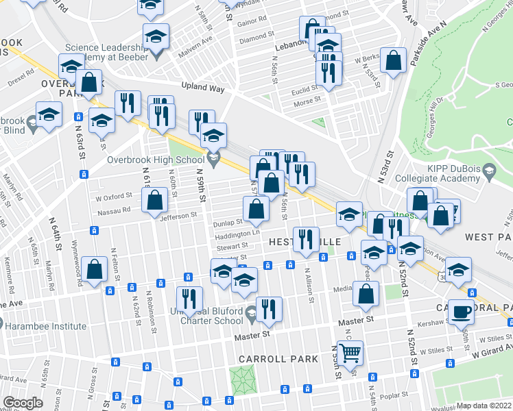 map of restaurants, bars, coffee shops, grocery stores, and more near North 57th Street in Philadelphia