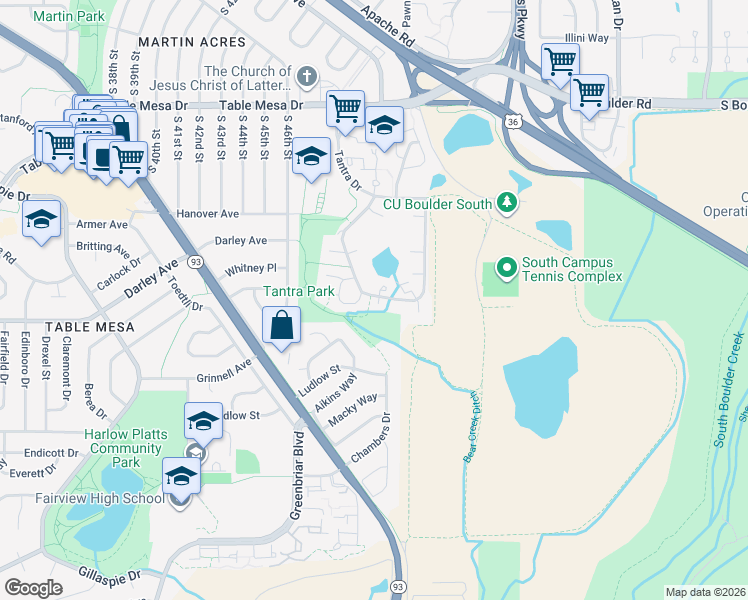 map of restaurants, bars, coffee shops, grocery stores, and more near 1095 Tantra Park Circle in Boulder