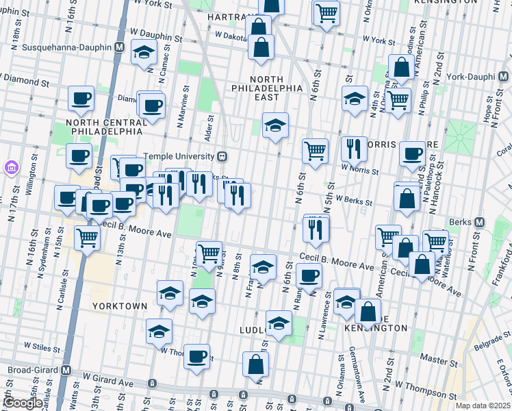 map of restaurants, bars, coffee shops, grocery stores, and more near 1810 North Franklin Street in Philadelphia
