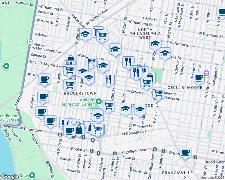 map of restaurants, bars, coffee shops, grocery stores, and more near 2502 West Oxford Street in Philadelphia