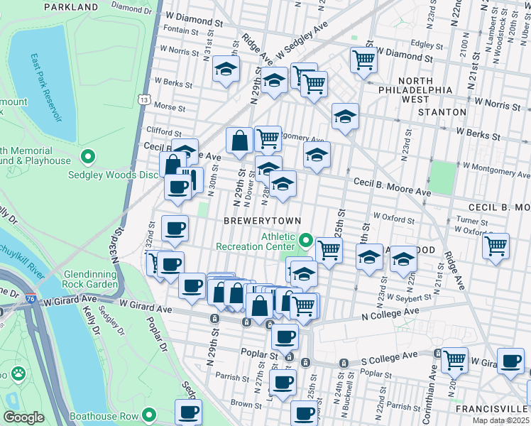 map of restaurants, bars, coffee shops, grocery stores, and more near 1541 North Marston Street in Philadelphia