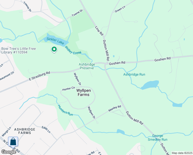 map of restaurants, bars, coffee shops, grocery stores, and more near 331 Ridley Creek Lane in West Chester