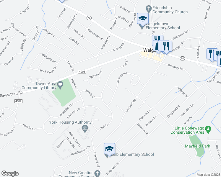 map of restaurants, bars, coffee shops, grocery stores, and more near 3203 Ashley Lane in Dover