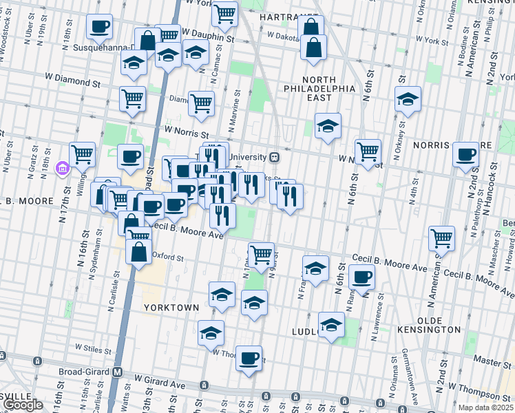 map of restaurants, bars, coffee shops, grocery stores, and more near 1801 North 10th Street in Philadelphia