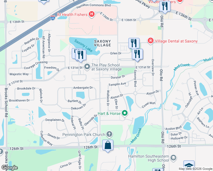 map of restaurants, bars, coffee shops, grocery stores, and more near 12988 Walbeck Drive in Fishers