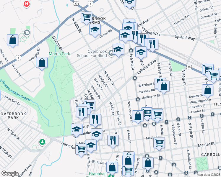 map of restaurants, bars, coffee shops, grocery stores, and more near 1144 Marlyn Road in Philadelphia