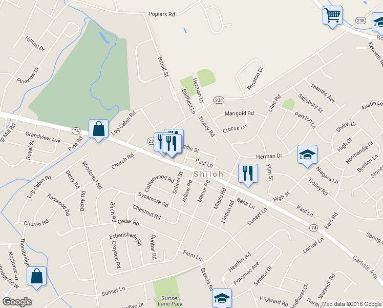 map of restaurants, bars, coffee shops, grocery stores, and more near 2130 School Street in York