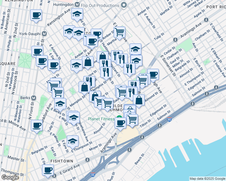 map of restaurants, bars, coffee shops, grocery stores, and more near 2401 East Cumberland Street in Philadelphia
