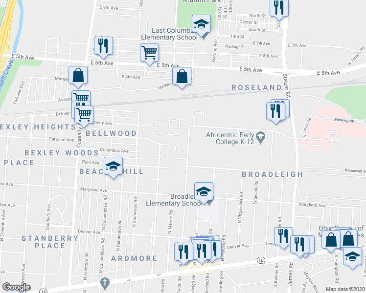 map of restaurants, bars, coffee shops, grocery stores, and more near Dana Drive in Columbus