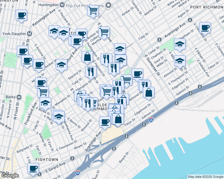 map of restaurants, bars, coffee shops, grocery stores, and more near 2436 East Hazzard Street in Philadelphia
