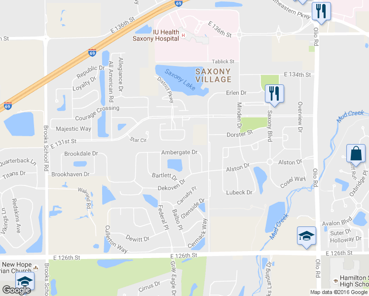 map of restaurants, bars, coffee shops, grocery stores, and more near 13148 Ambergate Drive in Fishers