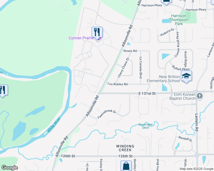 map of restaurants, bars, coffee shops, grocery stores, and more near 13175 Allisonville Road in Fishers