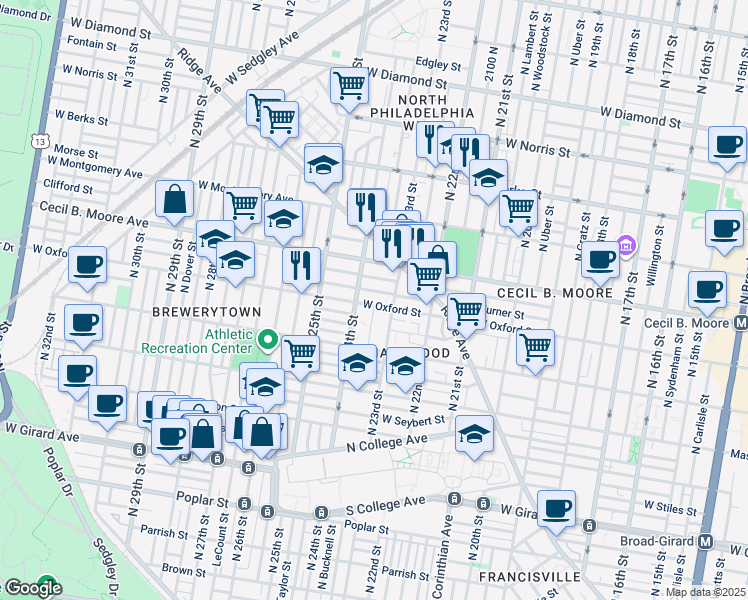 map of restaurants, bars, coffee shops, grocery stores, and more near 2327 West Oxford Street in Philadelphia