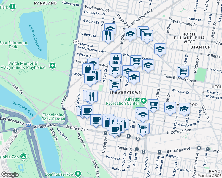 map of restaurants, bars, coffee shops, grocery stores, and more near 1517 North Hollywood Street in Philadelphia
