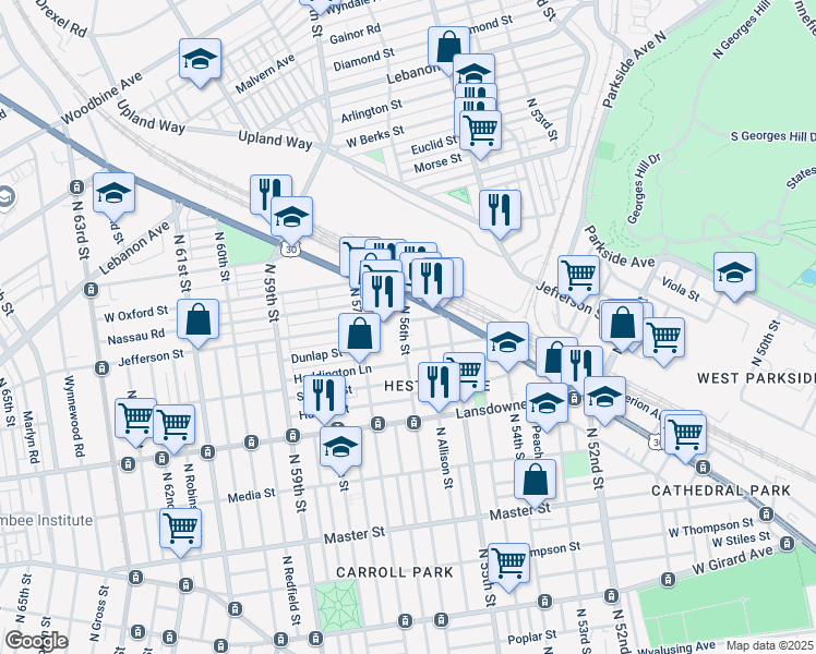 map of restaurants, bars, coffee shops, grocery stores, and more near 5550 W Oxford St in Philadelphia