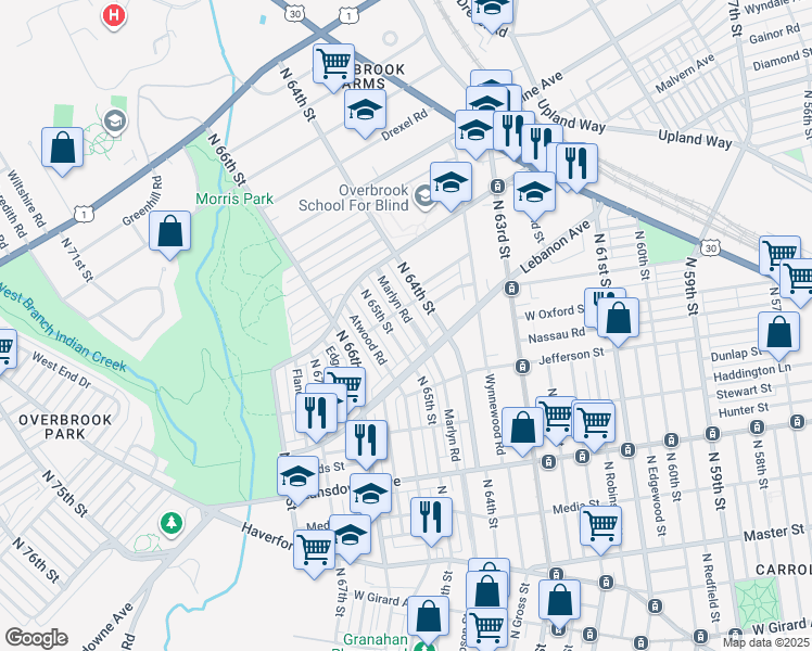 map of restaurants, bars, coffee shops, grocery stores, and more near 1144 Marlyn Road in Philadelphia