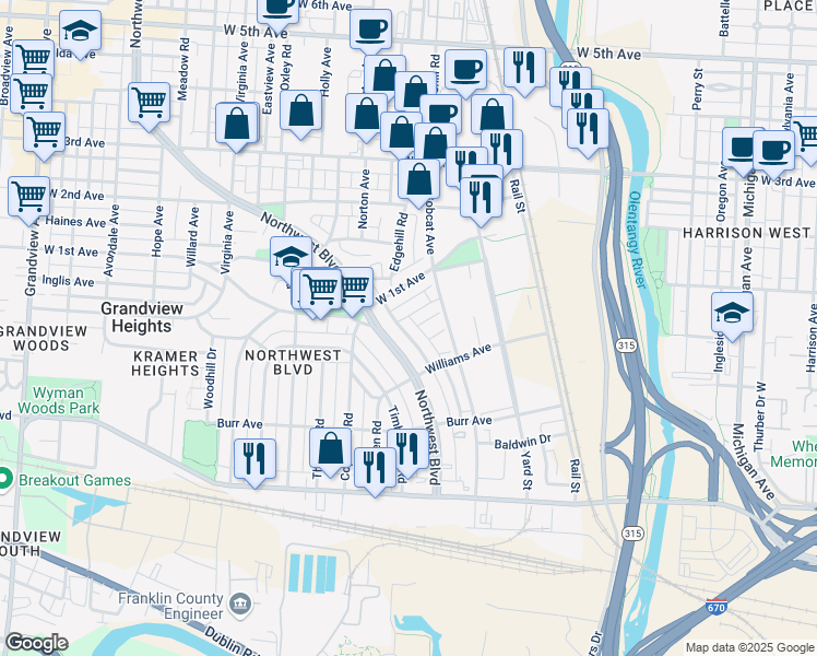 map of restaurants, bars, coffee shops, grocery stores, and more near 980 Pullman Place in Grandview Heights