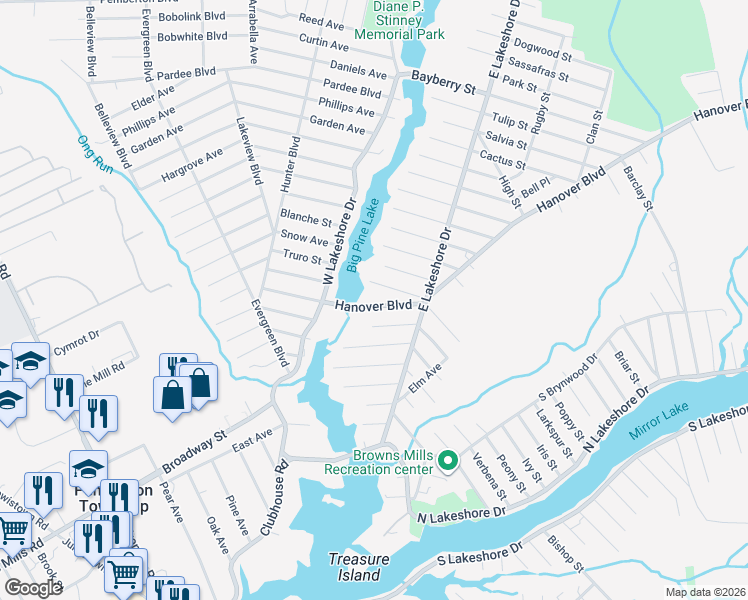 map of restaurants, bars, coffee shops, grocery stores, and more near 309 Hanover Boulevard in Pemberton Township