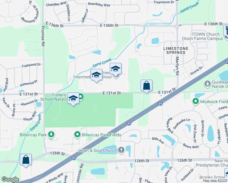map of restaurants, bars, coffee shops, grocery stores, and more near 11550 East 131st Street in Fishers