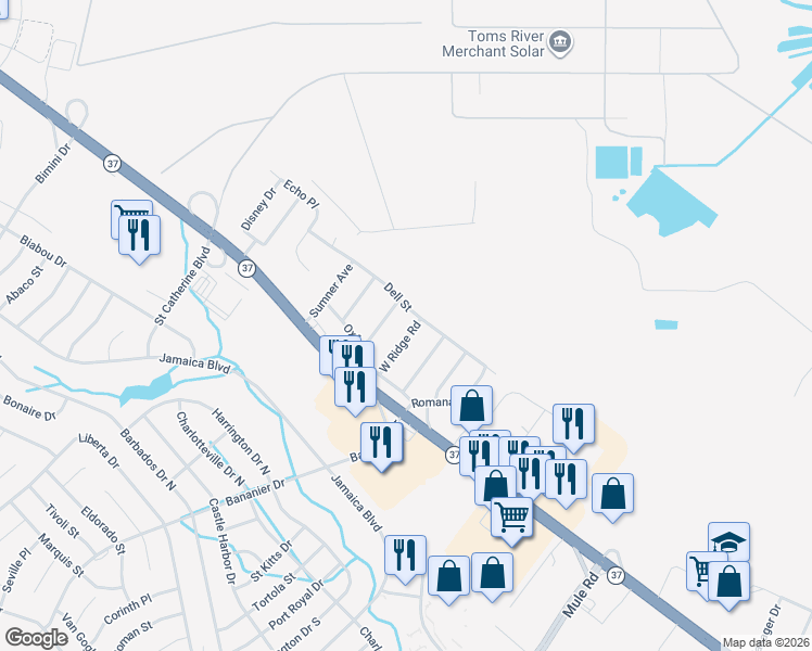 map of restaurants, bars, coffee shops, grocery stores, and more near 23 West Ridge Road in Toms River