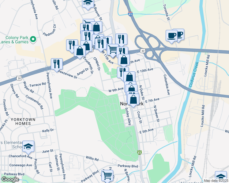 map of restaurants, bars, coffee shops, grocery stores, and more near 52 West 9th Avenue in York