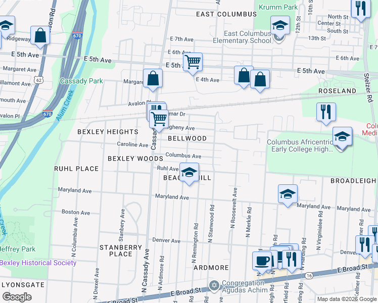 map of restaurants, bars, coffee shops, grocery stores, and more near 2748 North Cassingham Road in Bexley