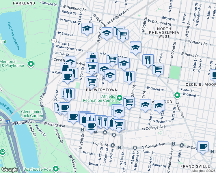 map of restaurants, bars, coffee shops, grocery stores, and more near 1541 North Marston Street in Philadelphia