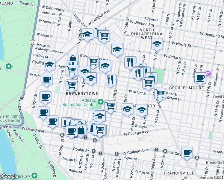 map of restaurants, bars, coffee shops, grocery stores, and more near 2514 West Oxford Street in Philadelphia