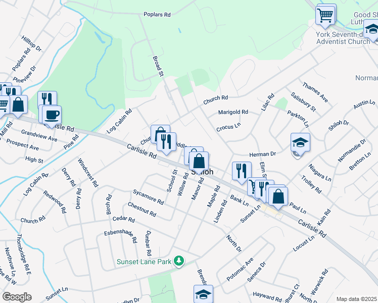 map of restaurants, bars, coffee shops, grocery stores, and more near 2254 Middle Street in York