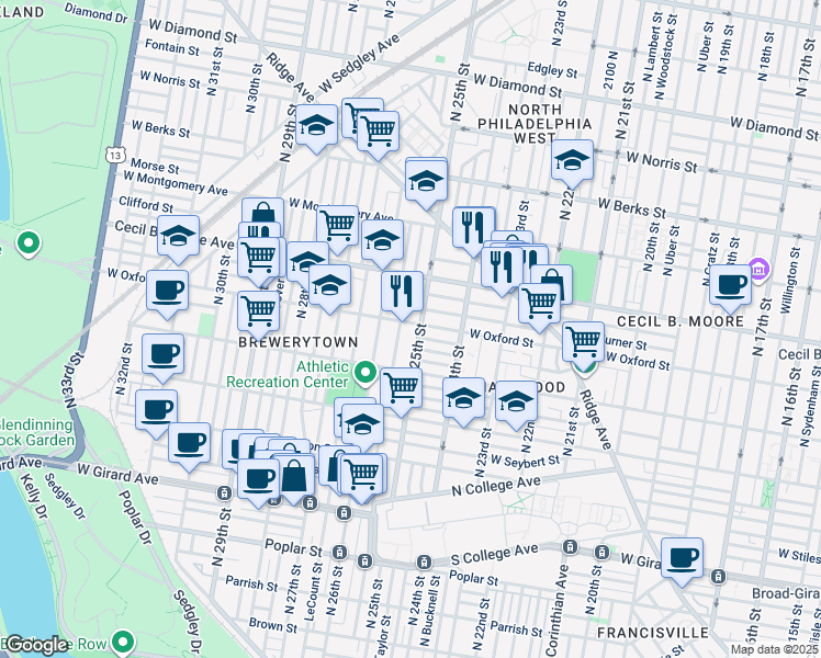 map of restaurants, bars, coffee shops, grocery stores, and more near 2510 West Oxford Street in Philadelphia