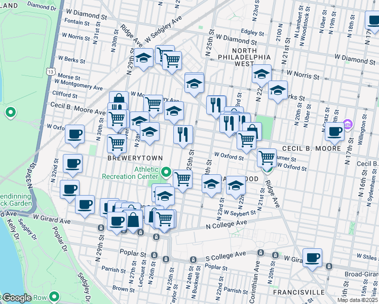 map of restaurants, bars, coffee shops, grocery stores, and more near 2502 West Oxford Street in Philadelphia