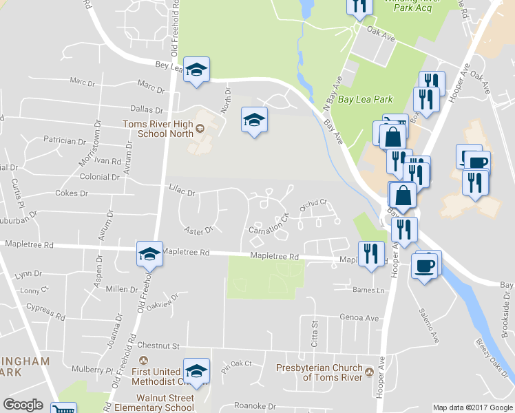 map of restaurants, bars, coffee shops, grocery stores, and more near 393 Begonia Court in Toms River