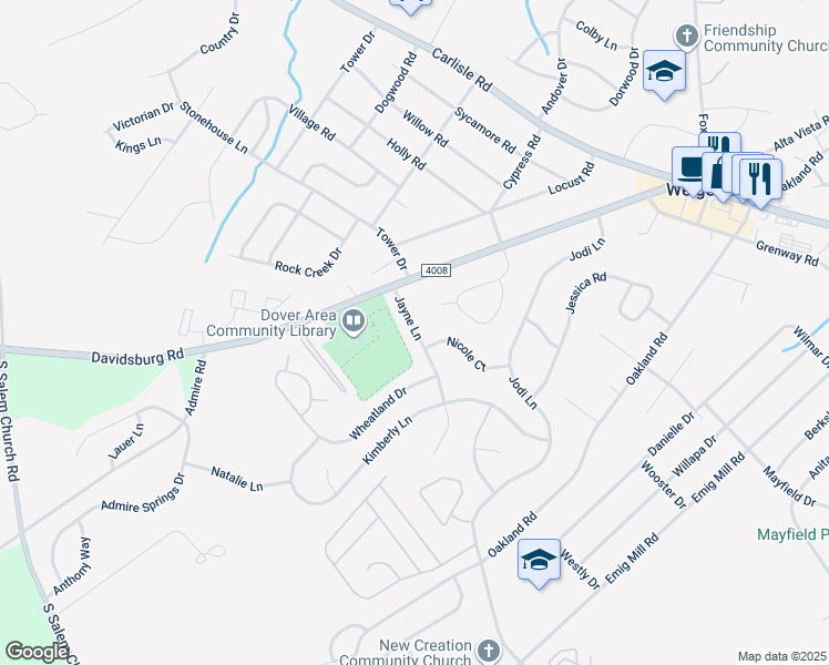 map of restaurants, bars, coffee shops, grocery stores, and more near 3186 Jayne Lane in Dover