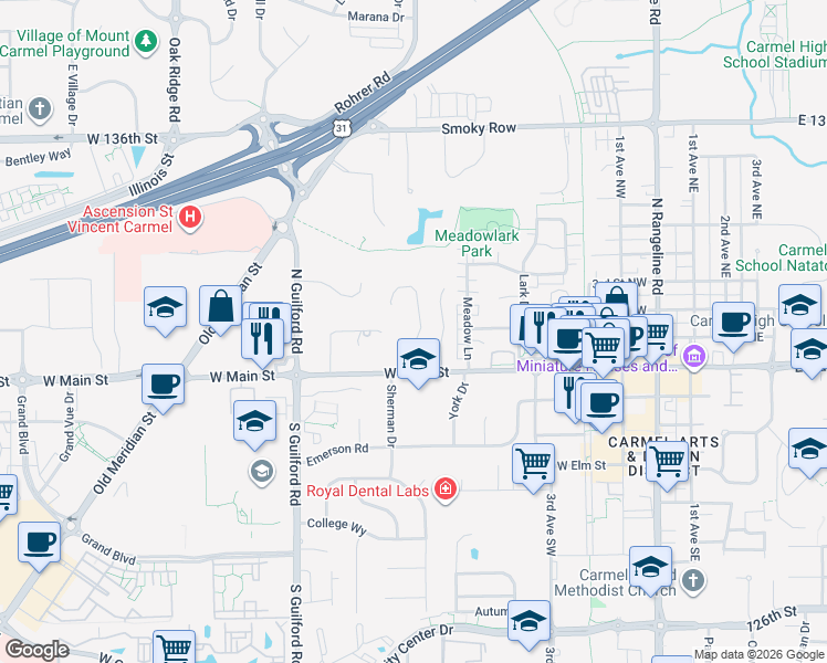 map of restaurants, bars, coffee shops, grocery stores, and more near 45 Rogers Road in Carmel