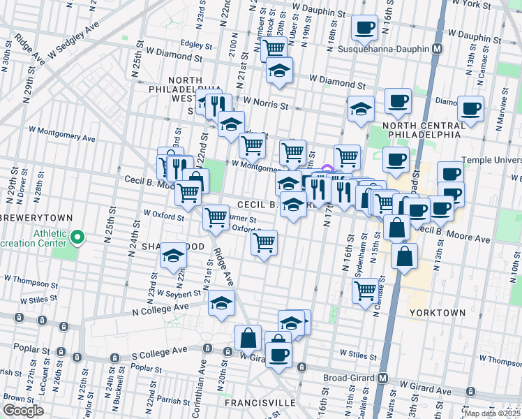 map of restaurants, bars, coffee shops, grocery stores, and more near 1933 Nicholas Street in Philadelphia