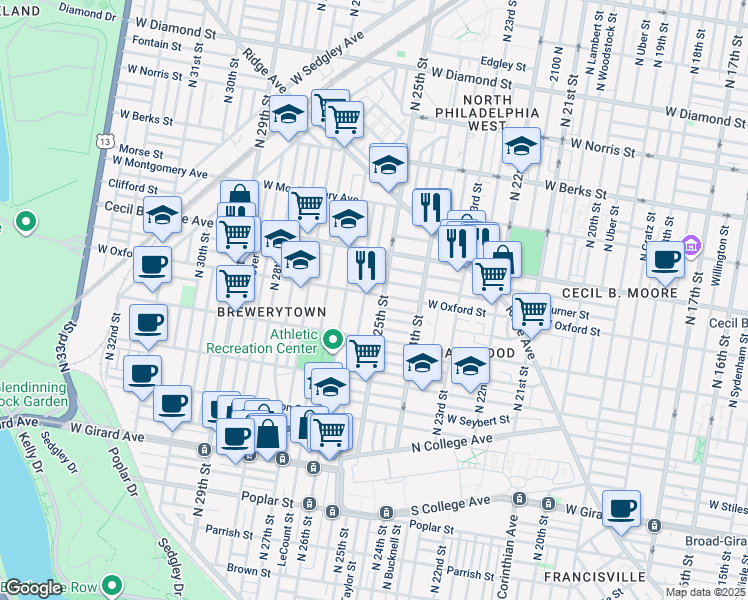 map of restaurants, bars, coffee shops, grocery stores, and more near 2510 West Oxford Street in Philadelphia