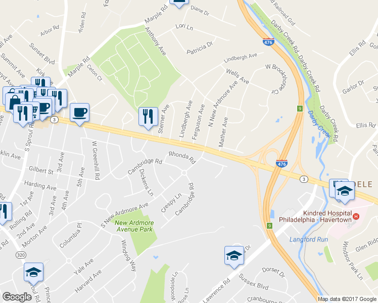 map of restaurants, bars, coffee shops, grocery stores, and more near 2207 Rhonda Road in Broomall