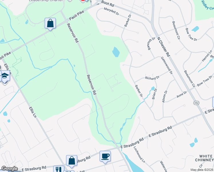 map of restaurants, bars, coffee shops, grocery stores, and more near 1414 Bramble Lane in West Chester