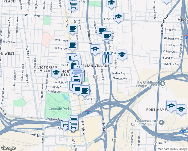 map of restaurants, bars, coffee shops, grocery stores, and more near 819 Summit Street in Columbus