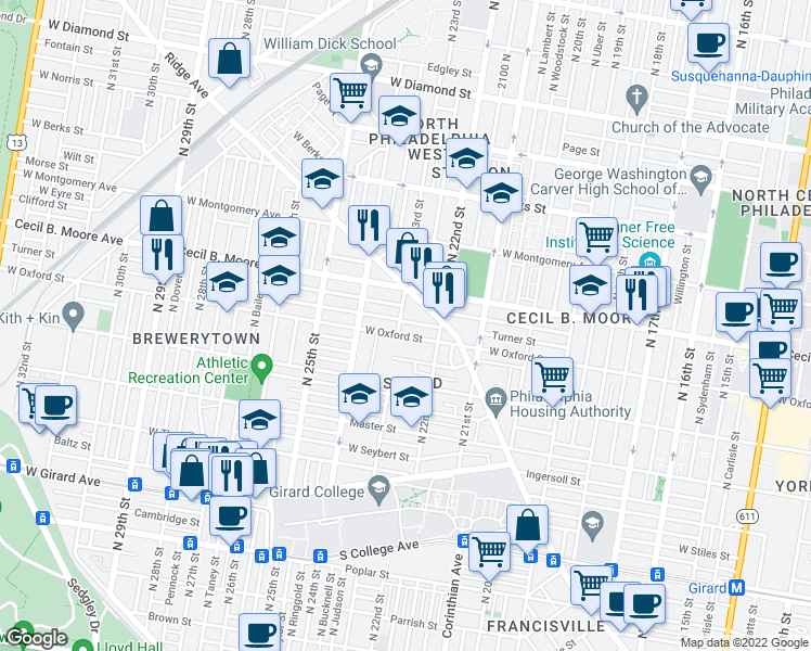 map of restaurants, bars, coffee shops, grocery stores, and more near 2246 Turner Street in Philadelphia