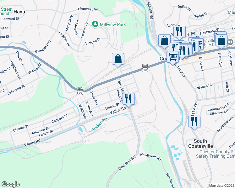 map of restaurants, bars, coffee shops, grocery stores, and more near 120 Plum Street in Coatesville