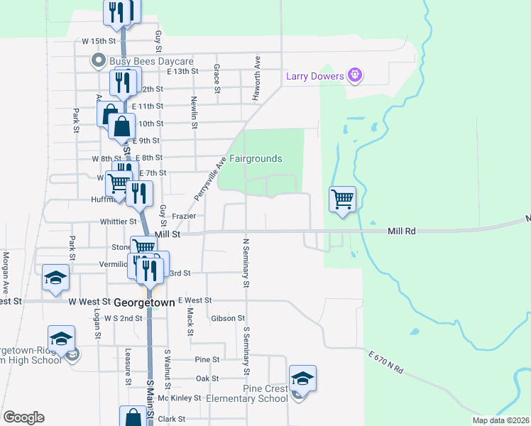 map of restaurants, bars, coffee shops, grocery stores, and more near 499 Hillside Drive in Georgetown