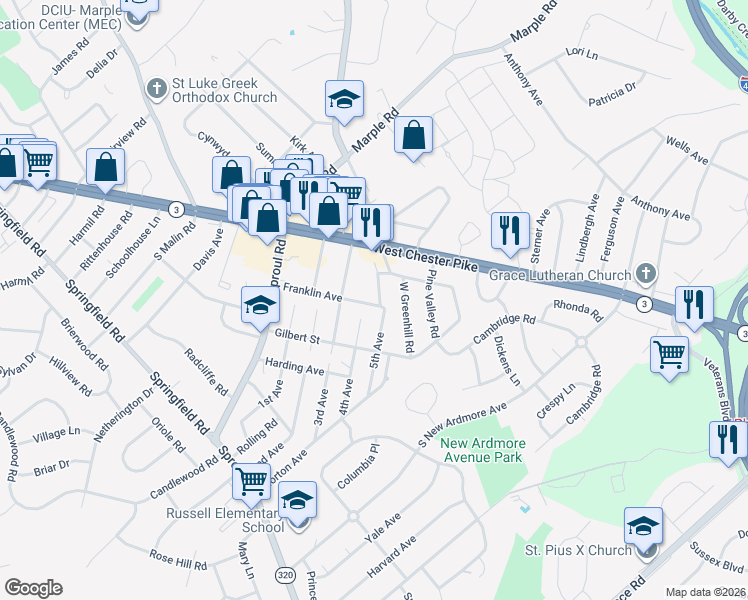 map of restaurants, bars, coffee shops, grocery stores, and more near 2501 Franklin Avenue in Broomall