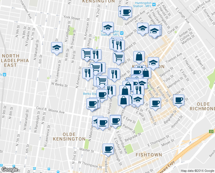 map of restaurants, bars, coffee shops, grocery stores, and more near 1929 North Howard Street in Philadelphia