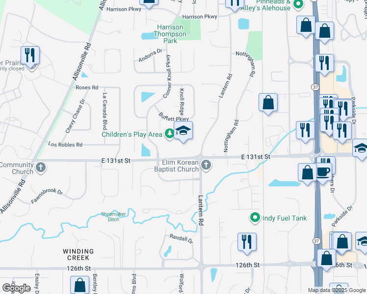 map of restaurants, bars, coffee shops, grocery stores, and more near 8660 East 131st Street in Fishers