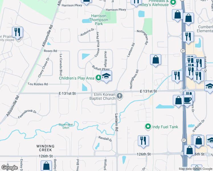 map of restaurants, bars, coffee shops, grocery stores, and more near 8660 East 131st Street in Fishers