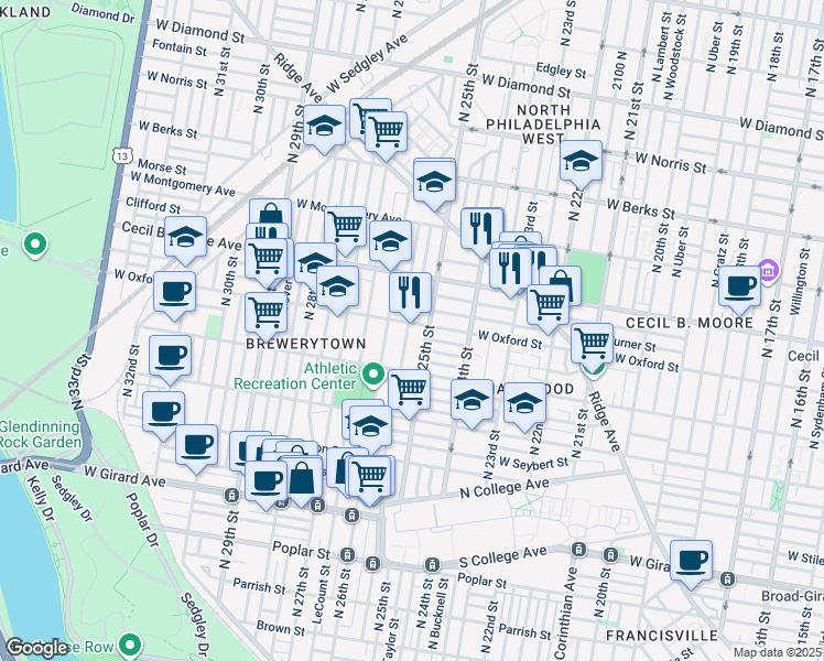 map of restaurants, bars, coffee shops, grocery stores, and more near 2522 West Oxford Street in Philadelphia