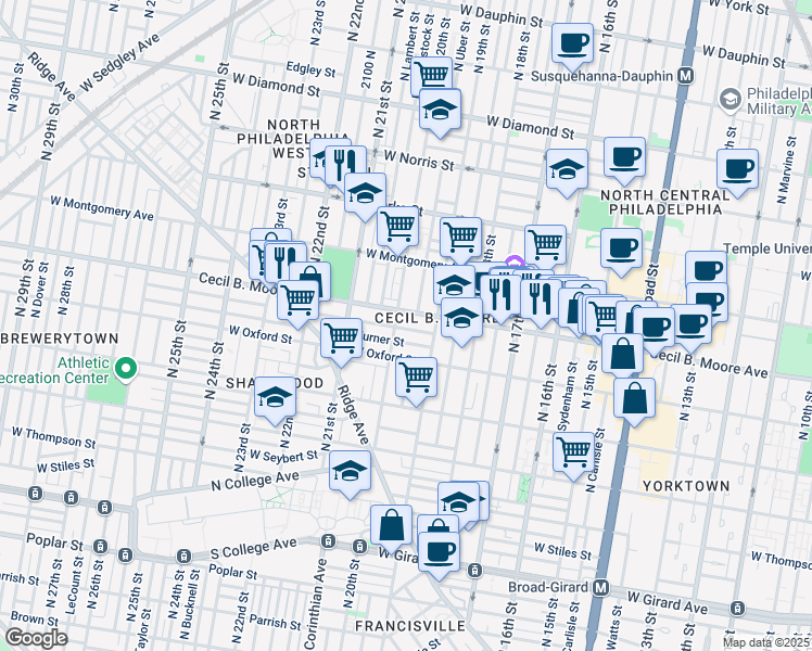 map of restaurants, bars, coffee shops, grocery stores, and more near in Philadelphia