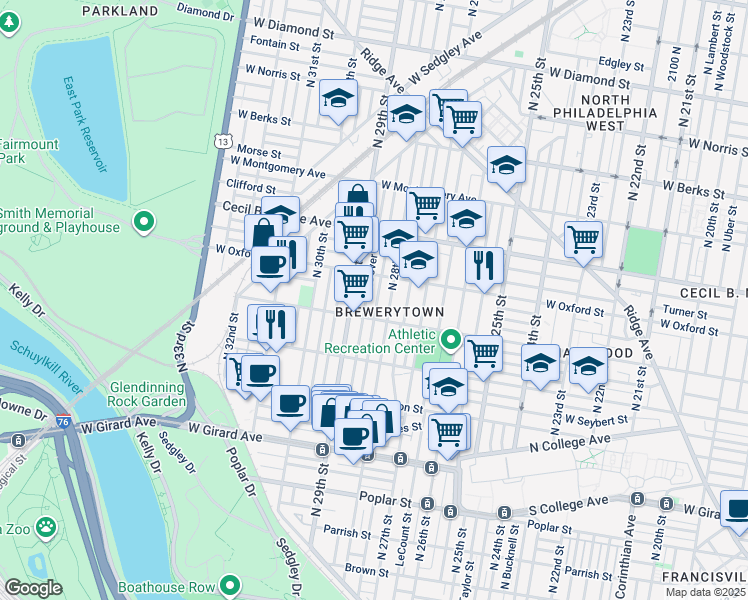 map of restaurants, bars, coffee shops, grocery stores, and more near 1526 North Newkirk Street in Philadelphia